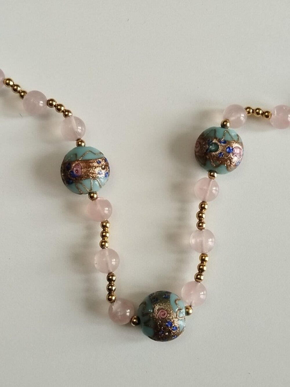 Vintage Murano Venetian Aqua Glass Gold Foil Bead Necklace Rose Quartz Beads - Picture 13 of 15